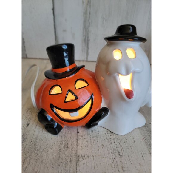 Vintage ceramic light up Halloween ghost pumpkin friends home decor figure - Picture 1 of 8